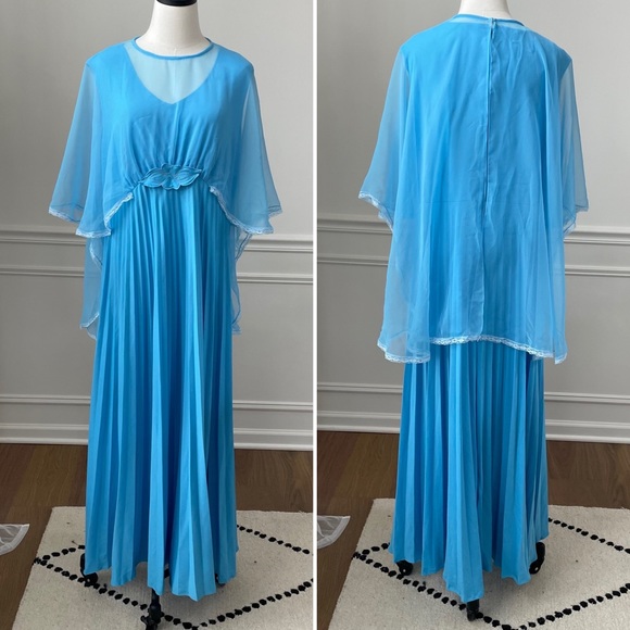 Vintage Dresses & Skirts - Vintage 70s Formal Gown Bridesmaid Prom Dress Turquoise Capulet Pleats Drama 14